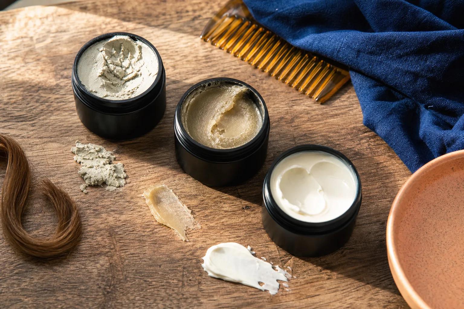 Drie potjes met droge clay, soepele paste en zachte haarcream