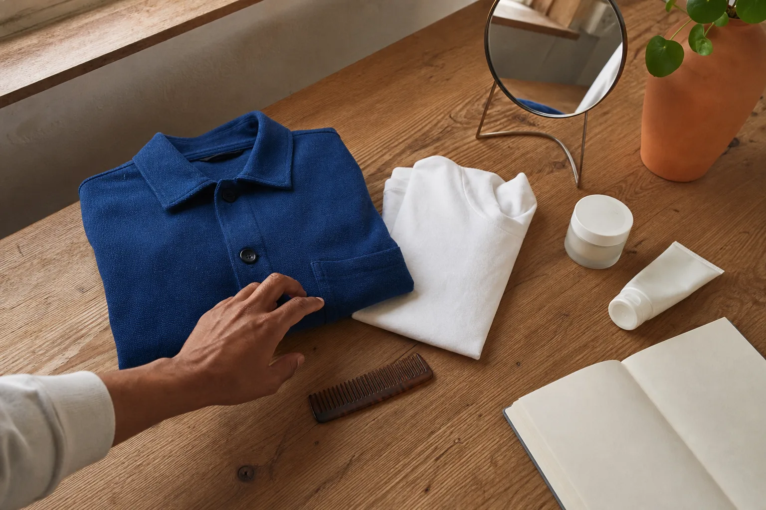 Kobaltblauwe blouse, wit shirt, kam en eenvoudige verzorging op een houten tafel